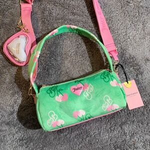 Juicy Couture Green Pink Cherry Velour Crossbody Bag Heart Coin Purse NWT